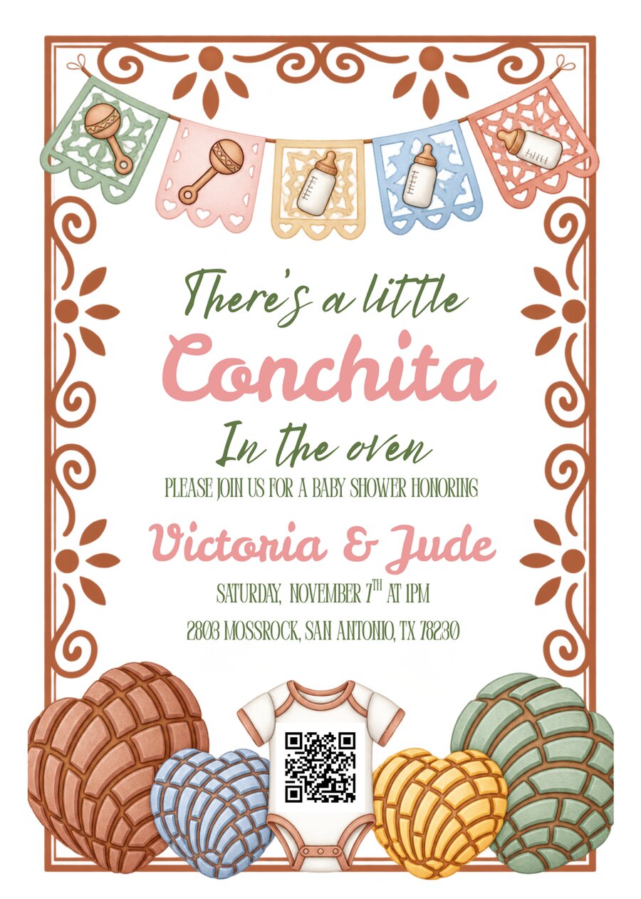 Baby shower invitation for Victoria and Jude Zion's baby girl, Saturday November 7th at 1pm, 2803 Moss Rock, San Antonio, TX 78230